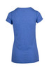 A blue athletic t-shirt featuring short sleeves and a fitted design, with a logo on the back.