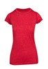 A red athletic women's T-shirt featuring short sleeves and a fitted design, with a logo displayed.