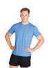 A heather blue unisex T-shirt displayed on a model, featuring a logo. The model is wearing black shorts.