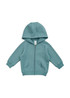 A teal kangaroo zip pocket hoodie for babies, featuring a hood and long sleeves. It has a branding logo.