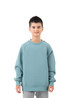A child wearing a light blue cotton sweatshirt, featuring a relaxed fit and ribbed cuffs, with a logo on the front.