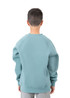 A back view of a kid wearing a blue cotton sweatshirt, featuring a round neck and raglan sleeves.