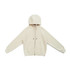 A cream zippered hoodie with a kangaroo pocket and drawstring hood. Features long sleeves and a branding logo.
