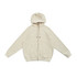 A beige zip-up hoodie with a kangaroo pocket and a hood, featuring an embroidery logo on the chest.