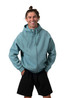 A man wearing a teal kangaroo pocket zipper hoodie with a relaxed fit and a branding logo, paired with black shorts.