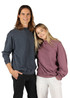 Two people wearing kids' stone wash sweatshirts in dark grey and mauve, with one featuring a logo.