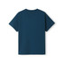A teal kids' t-shirt featuring short sleeves and a plain back. It includes a logo on the label area.