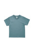 A teal kids' T-shirt with short sleeves, featuring a simple design and a label inside.