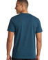 A unisex earth care t-shirt in a deep teal colour, featuring a logo on the back.