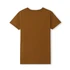 A brown women's T-shirt with a fitted design and short sleeves, featuring a logo on the back.
