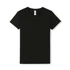 A plain black women's T-shirt featuring a crew neck and short sleeves, with a small label and branding.