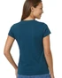 A women's short-sleeve t-shirt in teal with a fitted design, featuring a logo on the back.
