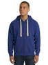 A navy blue and burgundy zip fleece hoodie with a hood, featuring pockets and a logo on the front.