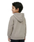 A child in a grey hoodie with a kangaroo pocket and a hood, facing away from the camera.