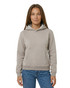 A women's juniors kangaroo pocket hoodie in a light grey colour, featuring a hood and long sleeves. It has a logo.