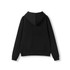 A black women's juniors kangaroo pocket hoodie with a hood and long sleeves, featuring a simple design and no visible branding.