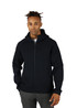 A man wearing a black hoodie with a zip and pockets, featuring a logo on the chest.