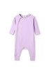 A hooded organic cotton baby suit in soft lilac with long sleeves and a zip opening. It has a logo on the label.