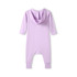 A lilac organic baby sleepsuit with a hood and long sleeves, featuring cuffed ankles and sleeves.