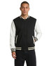 A men's/unisex varsity jacket in black with white sleeves and striped cuffs. Features side pockets and a zip closure.