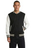 A black and white wool blend varsity jacket with a zip front, striped cuffs, and pockets. It has a logo on the chest.