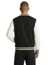 A men's unisex varsity jacket in black and white, featuring a contrasting back and striped cuffs. It has a logo.