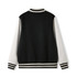 A black and white men's/unisex wool blend soft shell varsity jacket featuring a striped ribbed collar and cuffs.