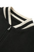 A black wool blend varsity jacket featuring a ribbed collar with black and cream stripes.