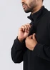 A black polar fleece half zip top for men/unisex, featuring a high collar and zipper detail.