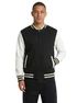A men's unisex wool blend varsity jacket featuring black and white colours, with a logo on the chest and striped cuffs.