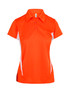 An orange women's polyester polo shirt featuring white side accents and a collar. It has a logo on the chest.