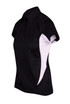 A black and white women's polo shirt with a collar and short sleeves. The shirt features a logo.