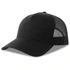 A black trucker cap with a solid front and mesh paneling on the sides, featuring a logo.