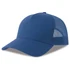 A blue trucker cap made from organic and recycled materials, featuring a mesh panel and a branding logo.