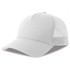 A white trucker cap featuring a solid front panel and mesh sides, equipped with a logo.
