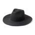 A black straw hat with a wide brim and a slightly tapered crown, featuring a textured finish.