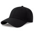 A black cap made from recycled and organic cotton, featuring a rounded peak and an adjustable back.