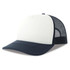 A trucker cap with a white front panel and navy blue brim and mesh sides, featuring a logo.