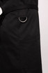 A black bib apron featuring a side pocket and a metal D-ring for tool attachment.