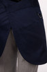 A navy half bistro apron with pockets and a loop detail, displayed on a model.