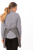 A bistro apron in grey with back ties, worn over a black and white checked shirt.