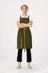 A green cross back apron with a brown tie, worn over a white shirt and black pants, featuring a logo.