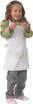 A kids chef apron in white, worn by a smiling child holding kitchen utensils, paired with a green shirt and checked pants.