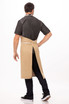 A person wearing a black shirt and black pants is seen from the back, showcasing a beige bib apron.