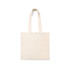 A cream-coloured organic cotton tote bag with two handles and an inner zipper pocket. It features a logo.