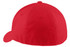 A red Port Authority Flexfit cap featuring a rounded crown and a curved brim, with a logo on the side.
