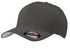 A grey Flexfit cap with a curved brim and an interior logo tag.