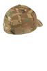 A camouflage Flexfit cap with a curved brim and vent holes at the back. Includes a branded logo.