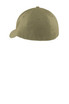 A light khaki Flexfit cap with a curved brim, featuring a logo and a smooth, structured design.