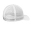 A white mesh back cap featuring a curved visor and adjustable strap at the back, with a logo on the front.